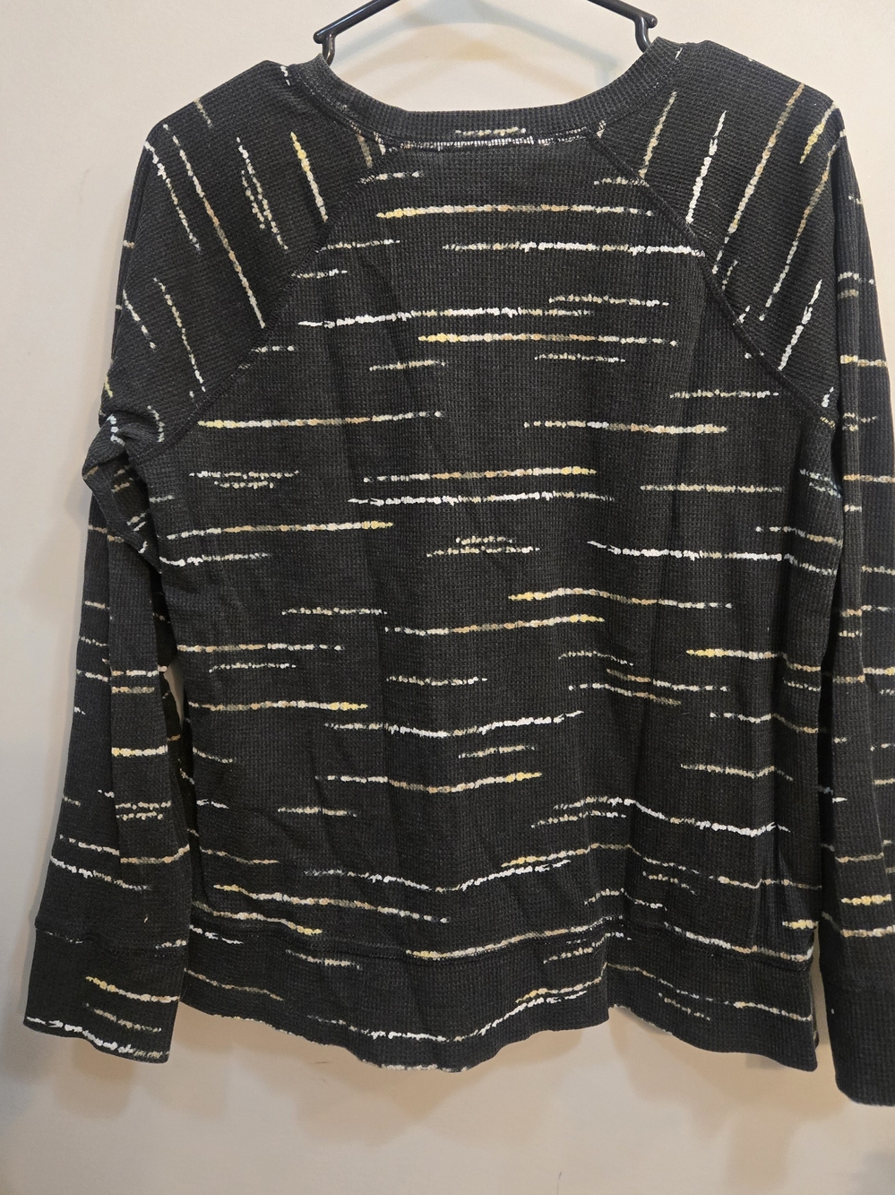 Karen Scott Black Waffle-Knit Long Sleeve Shirt with Cream Stripes